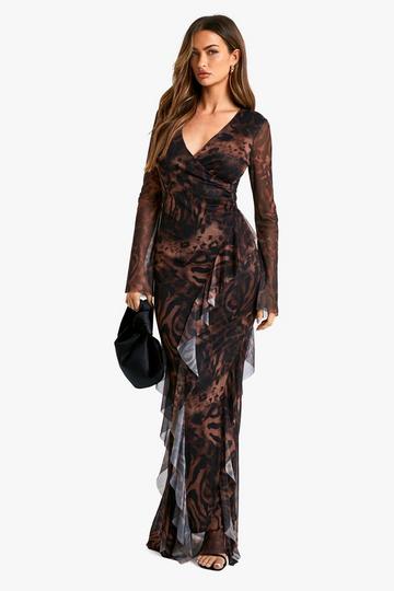 Brown Ruffle Printed Mesh Wrap Maxi Dress