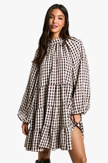 Textured Check Smock Dress brown