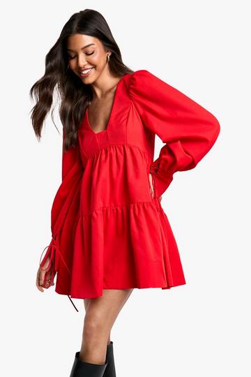 Puff Sleeve Tiered Smock Dress red