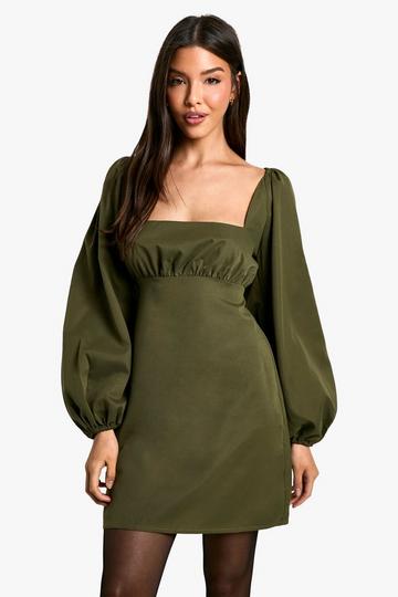 Long Sleeve Puff Sleeve Mini Dress khaki