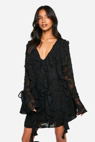 Petite Burnout Floral Ruffle Shift Dress black