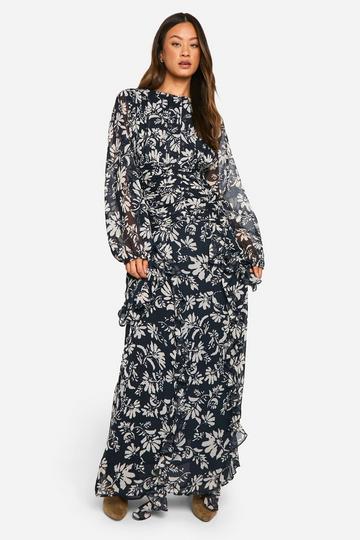 Tall Gekreukelde Chiffon Bloemen Maxi Jurk Met Ruches black