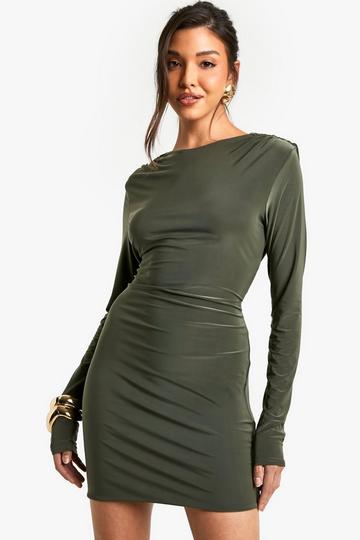 Cowl Tie Back Shoulder Pad Mini Dress khaki