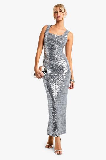 Square Neck Sequin Maxi Dress silver