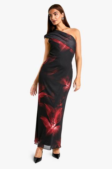 Fold Over One Shoulder Floral Mesh Maxi Dress black