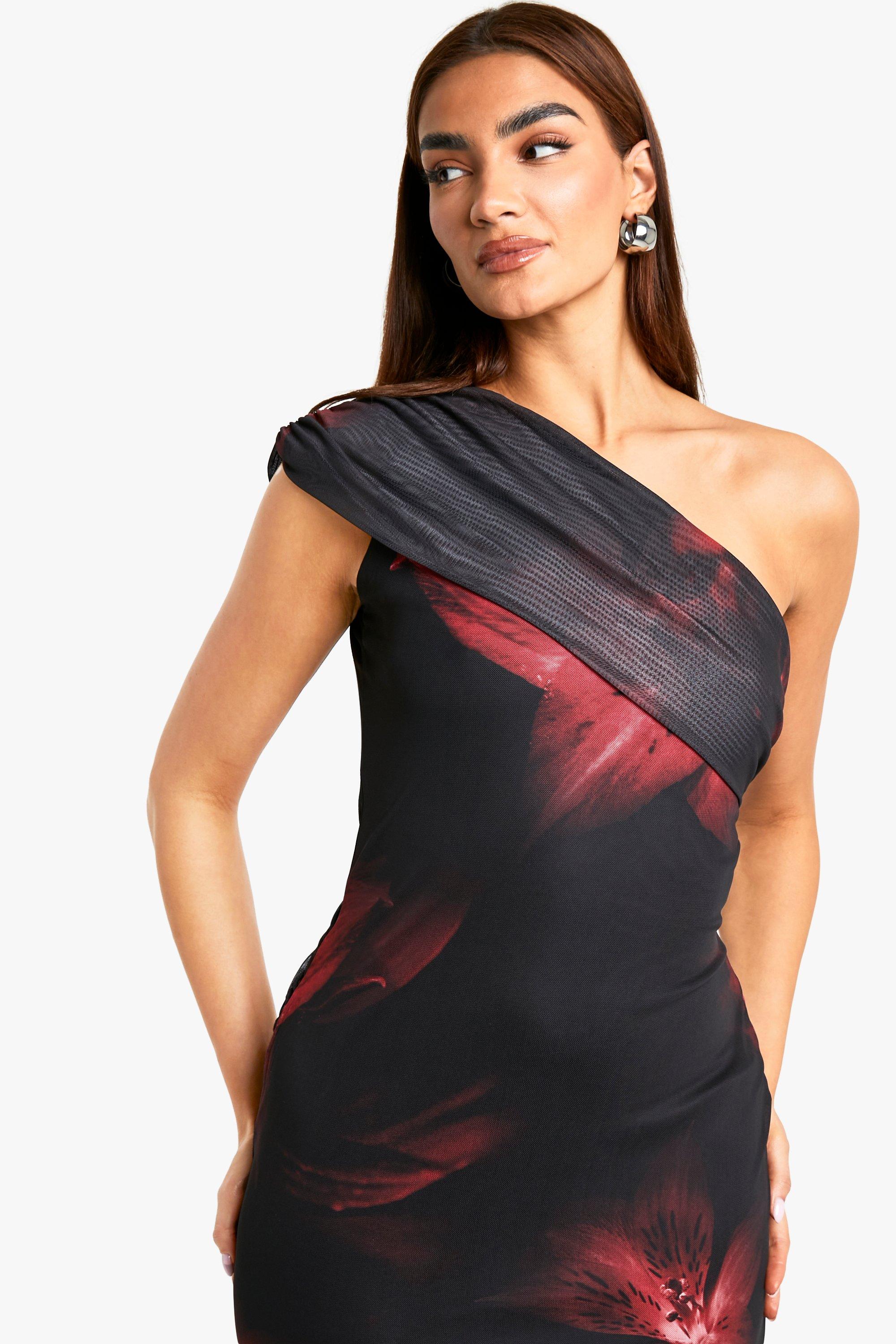 Fold Over One Shoulder Floral Mesh Maxi Dress | boohoo USA