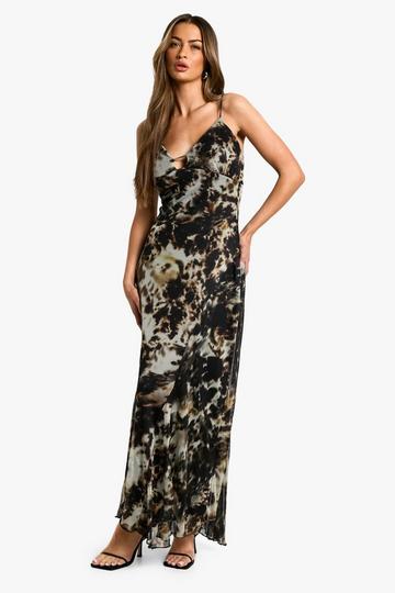 Smudge Print Strappy Mesh Maxi Dress khaki