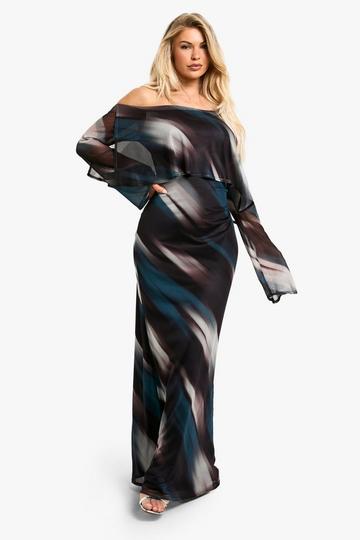 Gedrapeerde Mesh Maxi Jurk Met Abstracte Print multi