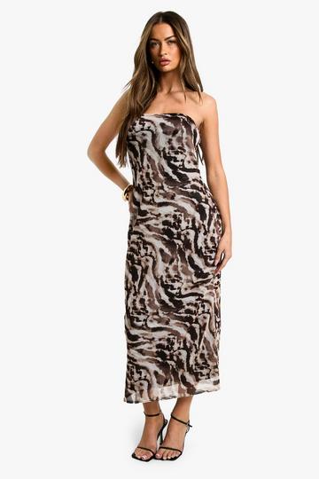 Bandeau Printed Mesh Midaxi Dress brown