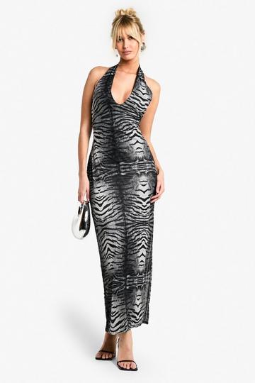 Halterneck Tiger Print Mesh Maxi Dress grey