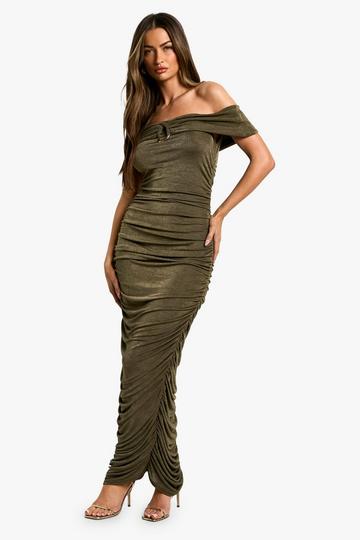 Bardot Trim Detail Ruched Slinky Maxi Dress khaki