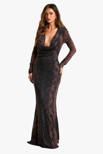 Snake Cowl Neck Ruched Mesh Maxi Dress brown