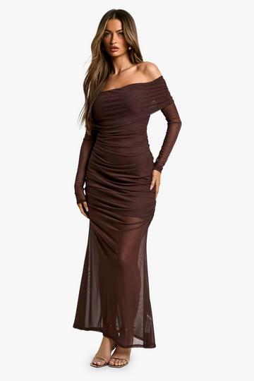 Off The Shoulder Slinky Mesh Mix Maxi Dress chocolate