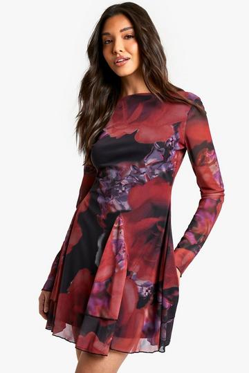 Slash Neck Scoop Back Godet Hem Floral Mesh Dress red