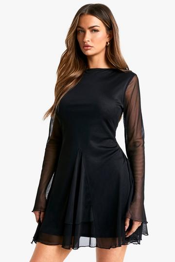 Slash Neck Scoop Back Godet Hem Mesh Dress black