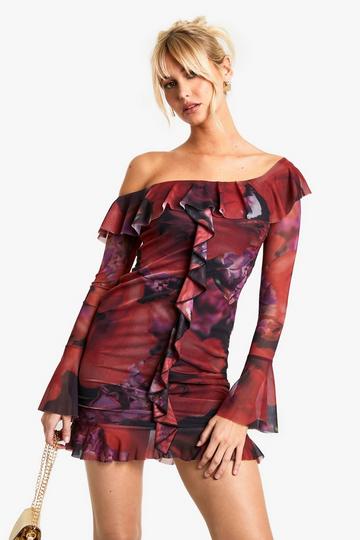 Assymetric floral ruffle mesh flare cuff mini dress red