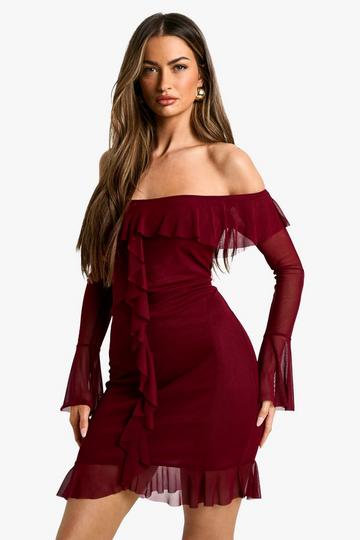 Assymetric ruffle mesh flare cuff mini dress plum