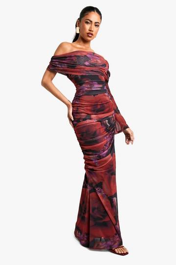 Assymetric ruched floral mesh maxi dress plum