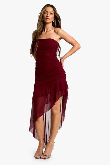 Bandeau Ruched Mesh Ruffle Hem Mini Dress plum