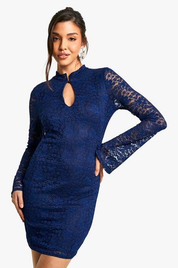 Lace Keyhole Flare Sleeve Mini Dress navy