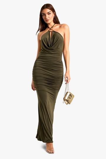 Trim Detail Cowl Ruched Slinky Maxi Dress khaki