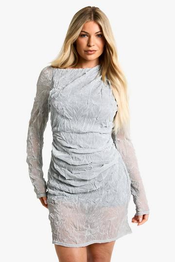 Slash Neck Crinkle Glitter Mesh Mini Dress silver