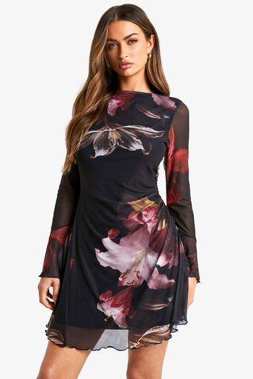 Floral Printed Mesh A Line Mini Dress black