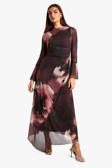 Floral Mesh Ruched Flare Sleeve Maxi Dress plum