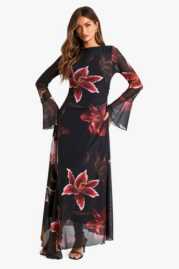 Floral Printed Mesh A Line Midaxi Dress black