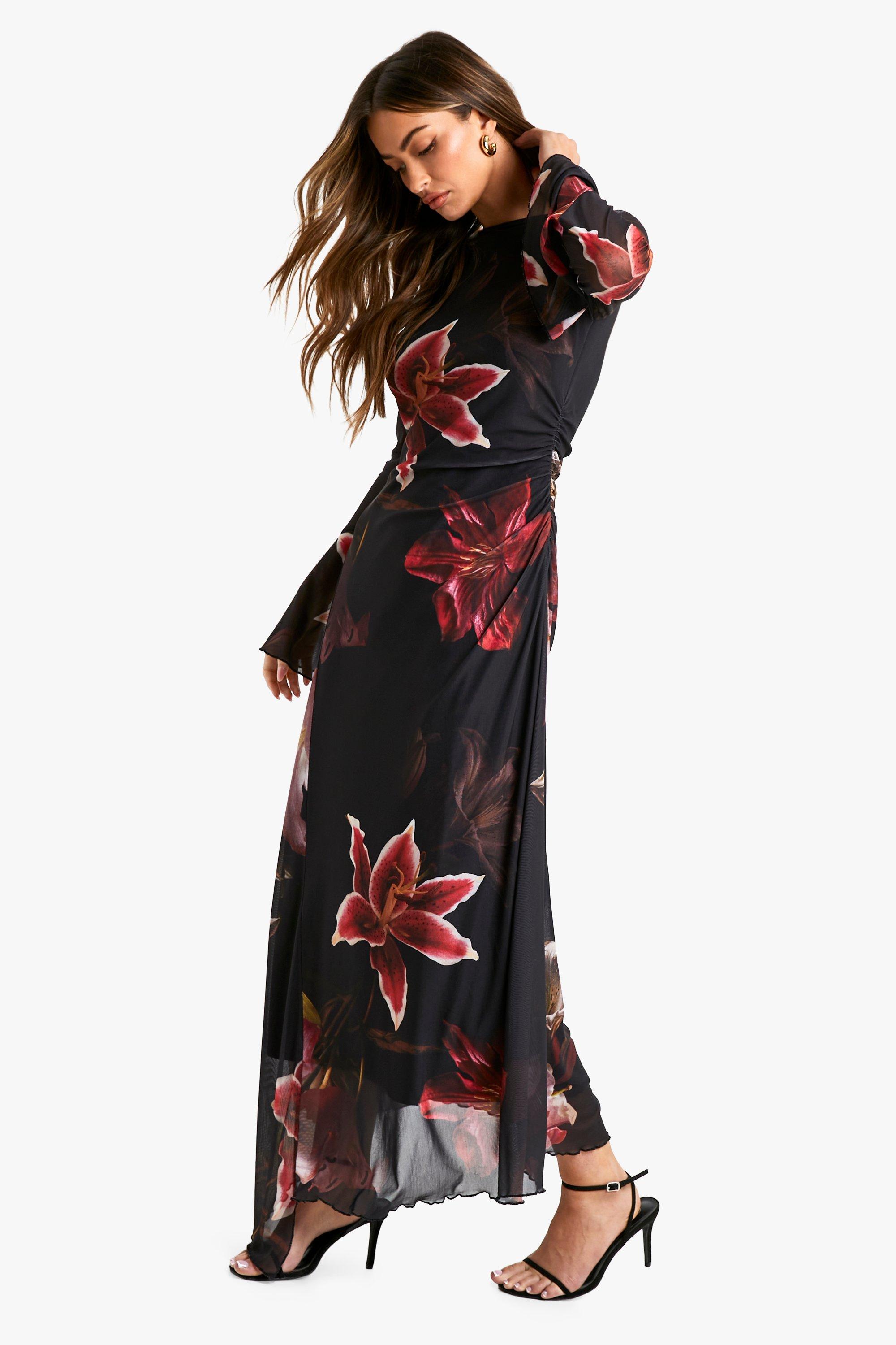 Floral Printed Mesh A Line Midaxi Dress