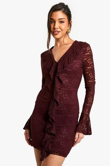 Lace Ruffle Flare Sleeve Mini Dress plum