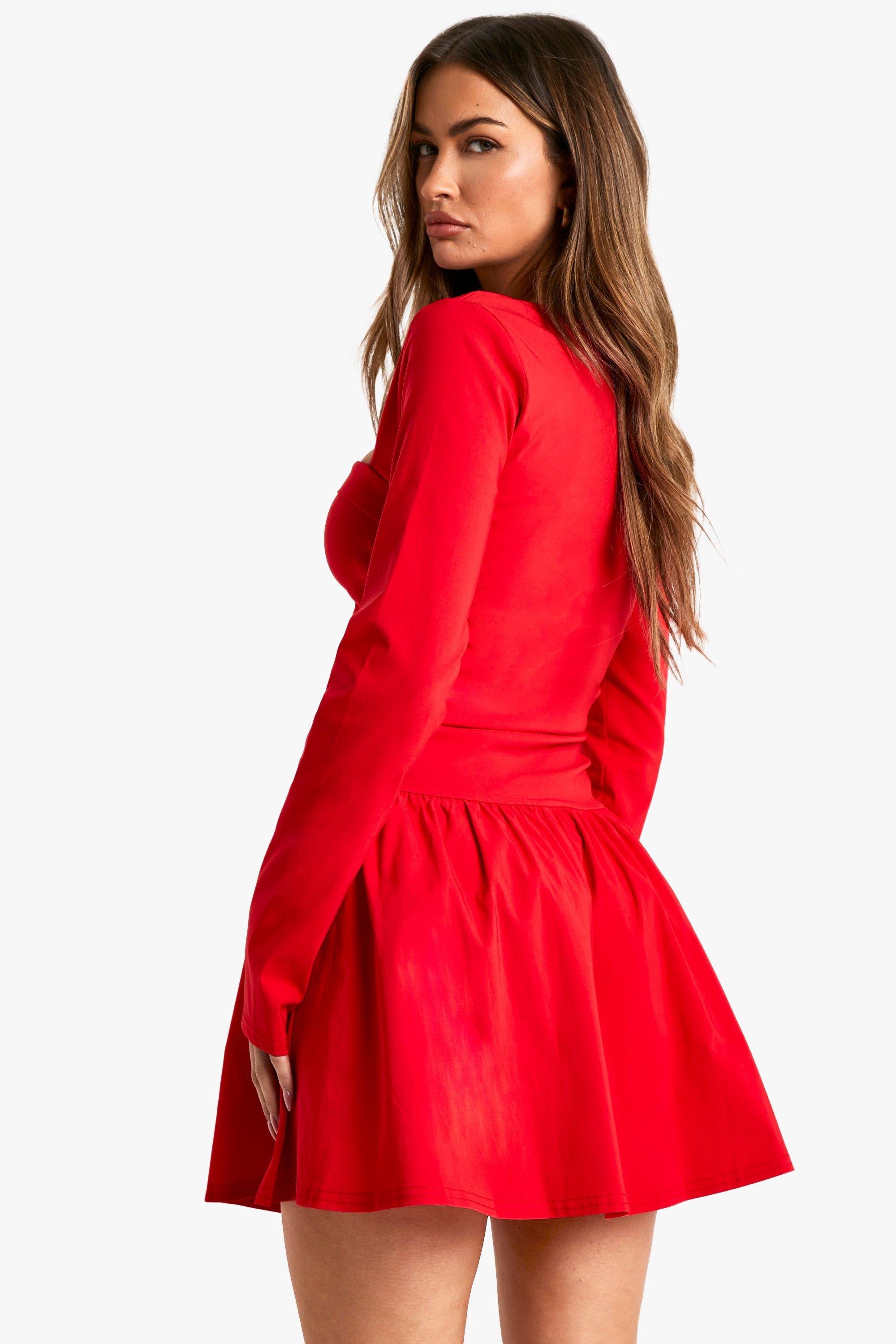 boohoo Women s Long Sleeve Skater Mini Dress Red Mini Dresses