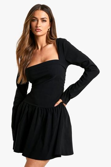 Black Long Sleeve Skater Mini Dress