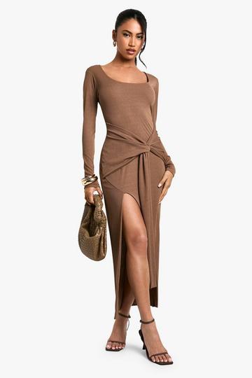 Scoop Neck Textured Drape Front Maxi Dress mocha