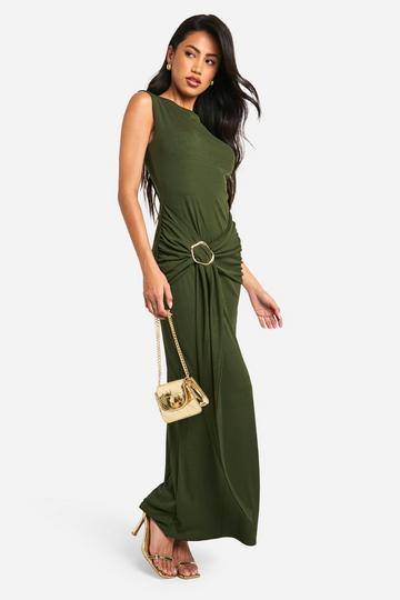 Slash Neck Drape Trim Detail Textured Maxi Dress khaki