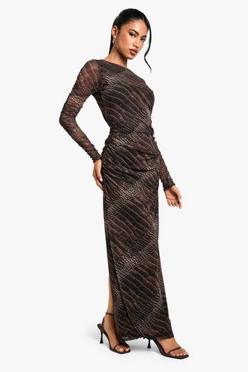 Brown Croc Print Ruched Maxi Dress