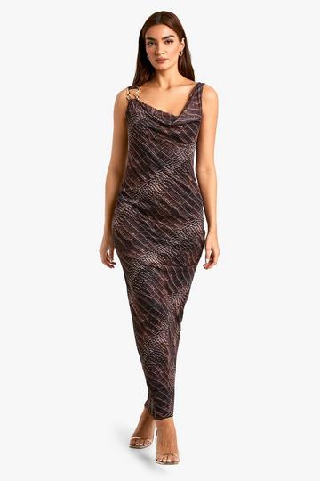 Croc Print Cowl Mesh Slip Dress brown