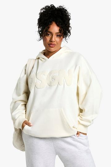 Cream White Plus Dsgn Towelling Applique Oversized Hoodie