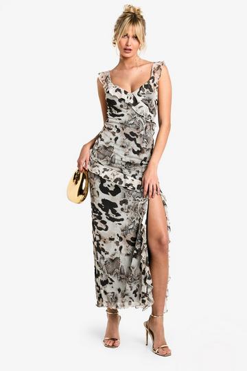 Stone Beige Animal Mix Mesh Ruffle Maxi Dress