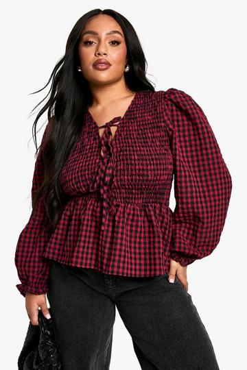 Plus Check Tie Front Smock Top red