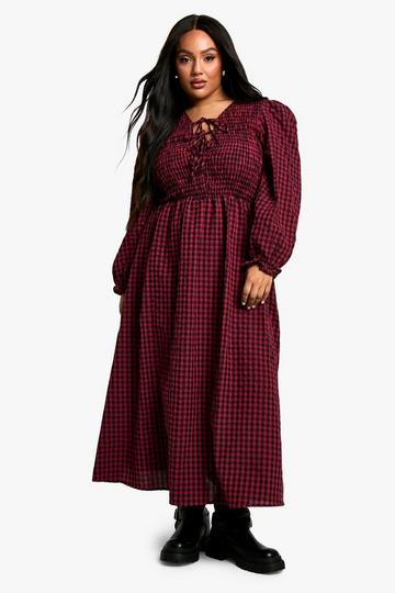 Plus Check Tie Front Smock Dress red