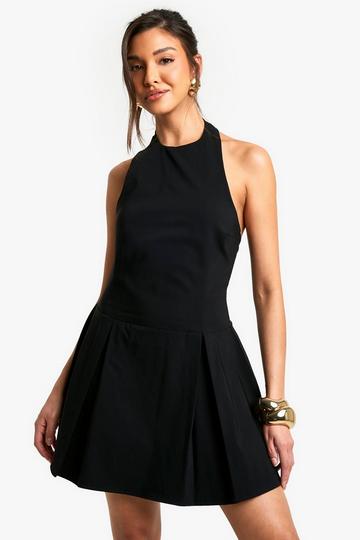 Black Bengaline Halter Skater Dress