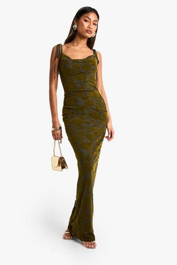 Tie Detail Devore Cowl Maxi Dress khaki