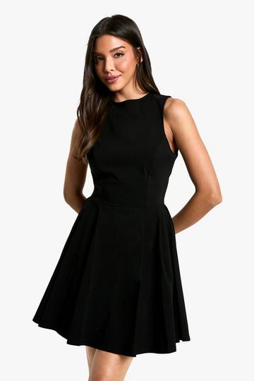 Black Bengaline Open Back Skater Dress