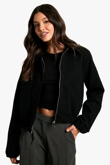 Black Wool Look Collared Bomber Jacket