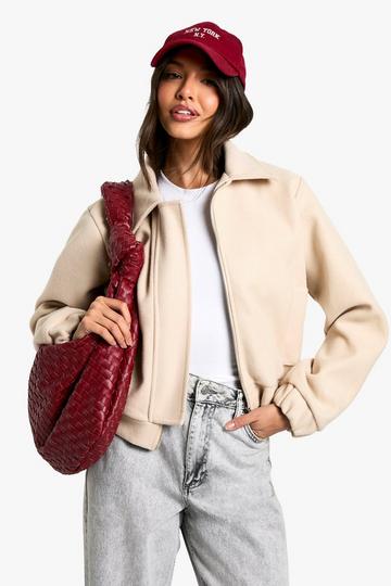 Wool Look Collared Bomber Jacket mushroom