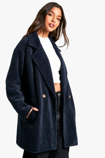 Navy Textured Double Breasted Coat