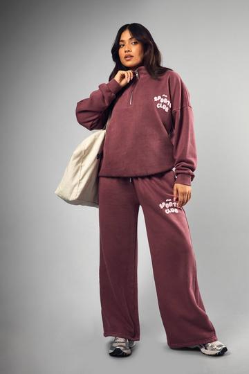 Petite Acid Wash Sports Club Puff Print Tracksuit burgundy