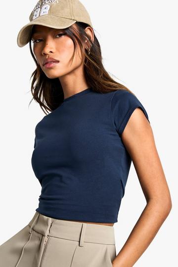 Navy Boohoo Basics Crew Neck Short Sleeve Crop Top