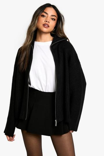 Black Zip Through Chunky Knitted Cardigan